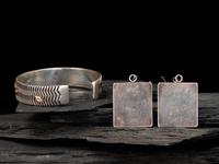 Sterling Silver Cuff Bracelet and Matching Earrings, with 14K Gold Petroglyph Accents
