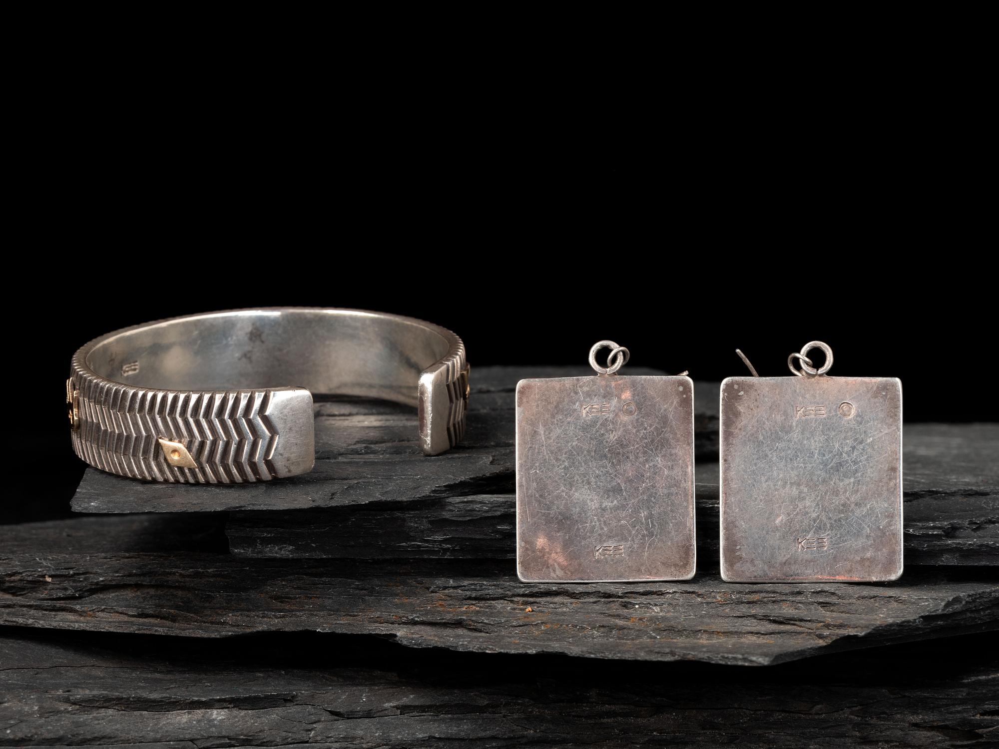 Sterling Silver Cuff Bracelet and Matching Earrings, with 14K Gold Petroglyph Accents