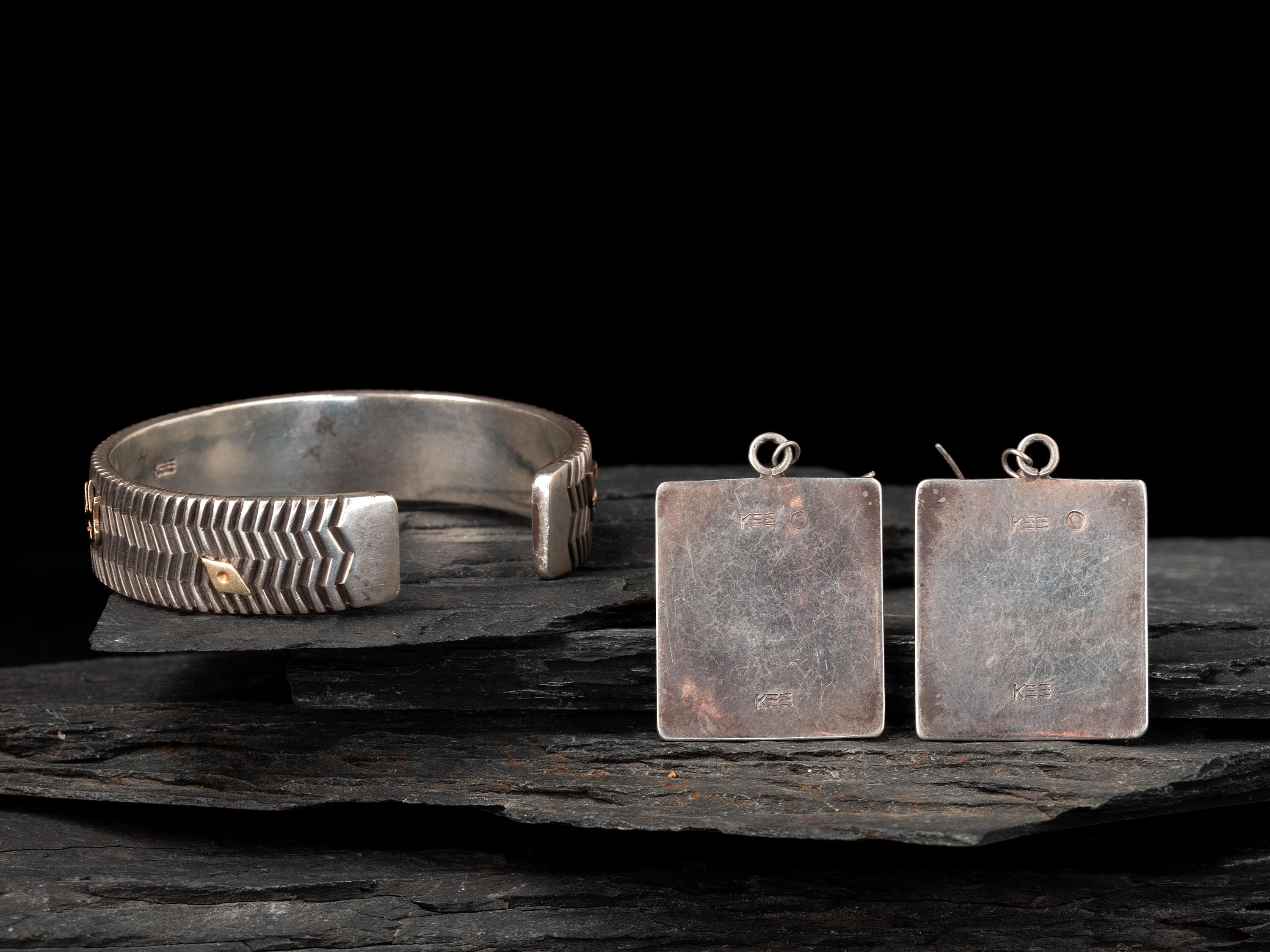 Sterling Silver Cuff Bracelet and Matching Earrings, with 14K Gold Petroglyph Accents
