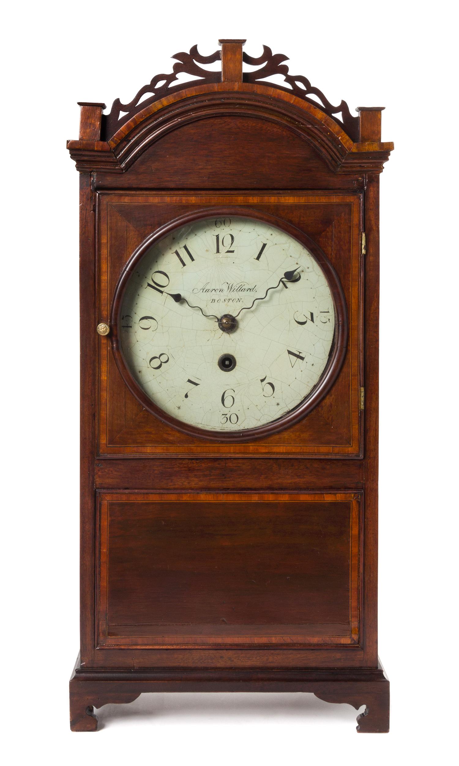 A Federal Mahogany Shelf Clock Height 28 1/8 x width 13 x depth 6 5/8 inches. — AARON WILLARD, BOSTON, MASSACHUSETTS, CIRCA 1810