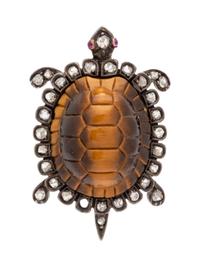 Antique, Tiger's Eye and Diamond Turtle Brooch