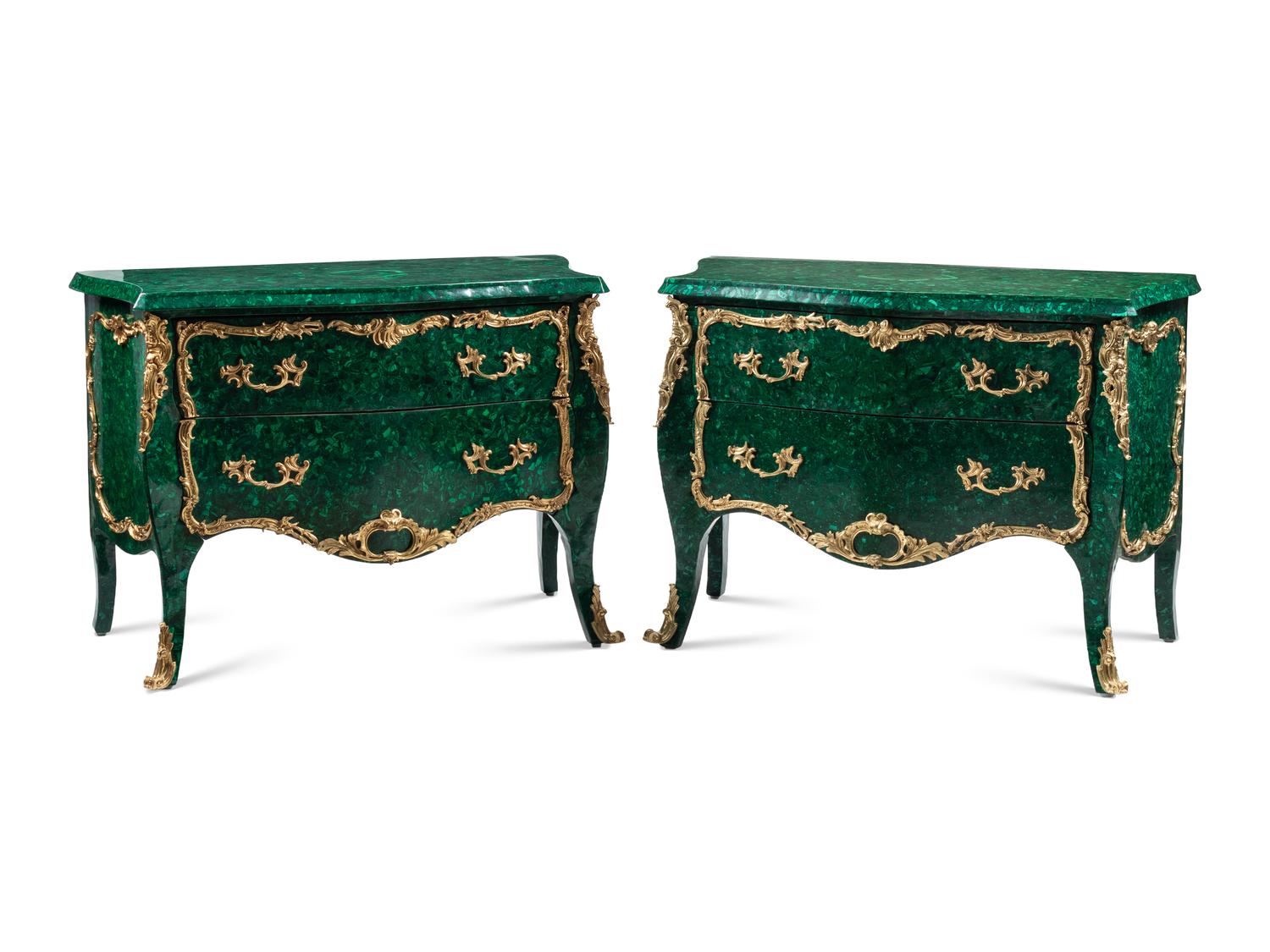 A Pair of Louis XV Style Gilt Bronze Mounted Malachite Commodes