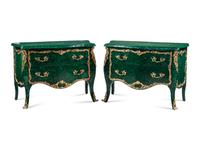 A Pair of Louis XV Style Gilt Bronze Mounted Malachite Commodes