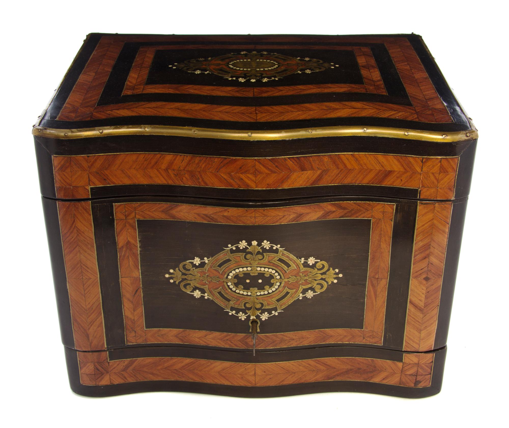 A Continental Parquetry and Marquetry Inlaid Mahogany Cave a Liqueur, Width 13 inches.