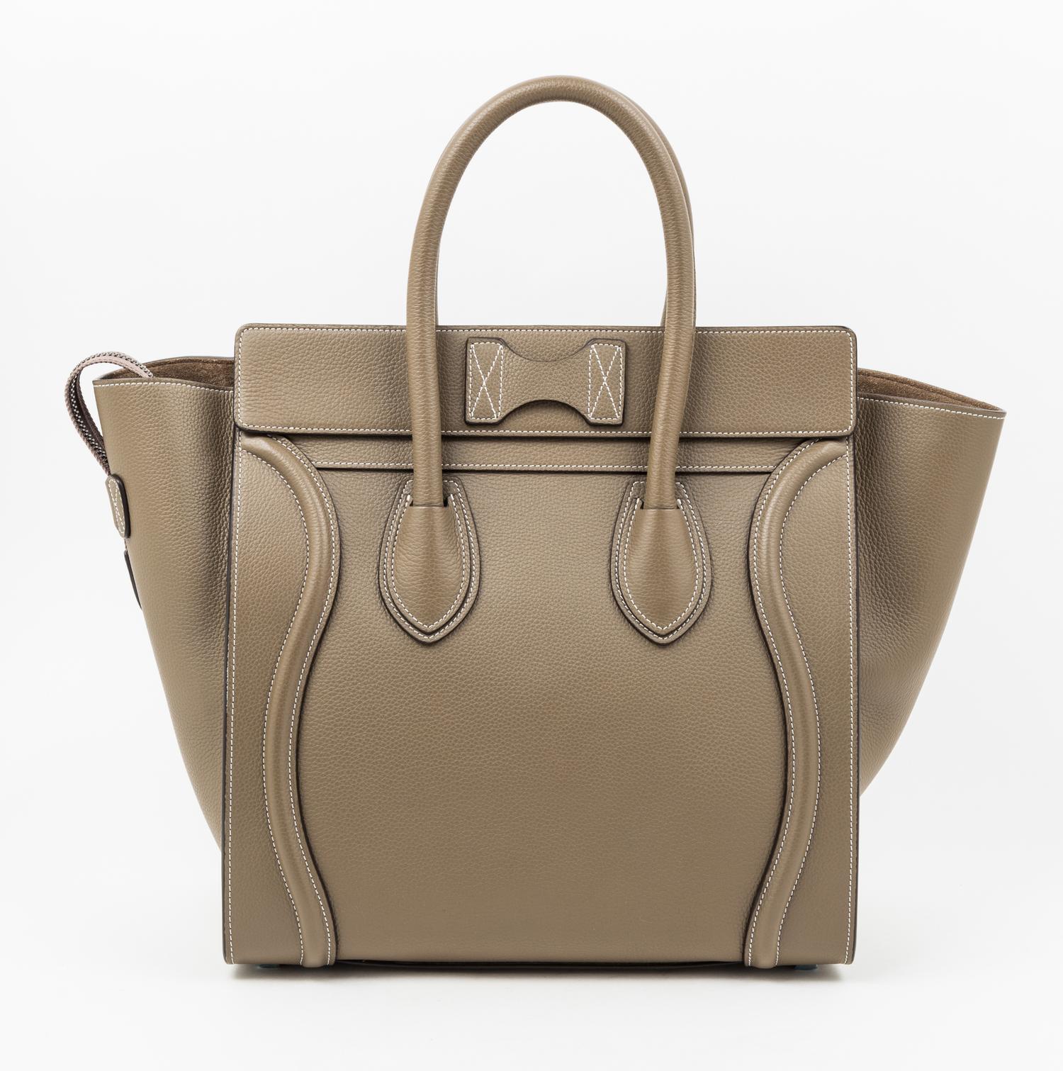 A Celine Taupe Leather Micro Luggage Tote, 12" x 12" x 7"; Handle drop: 5".