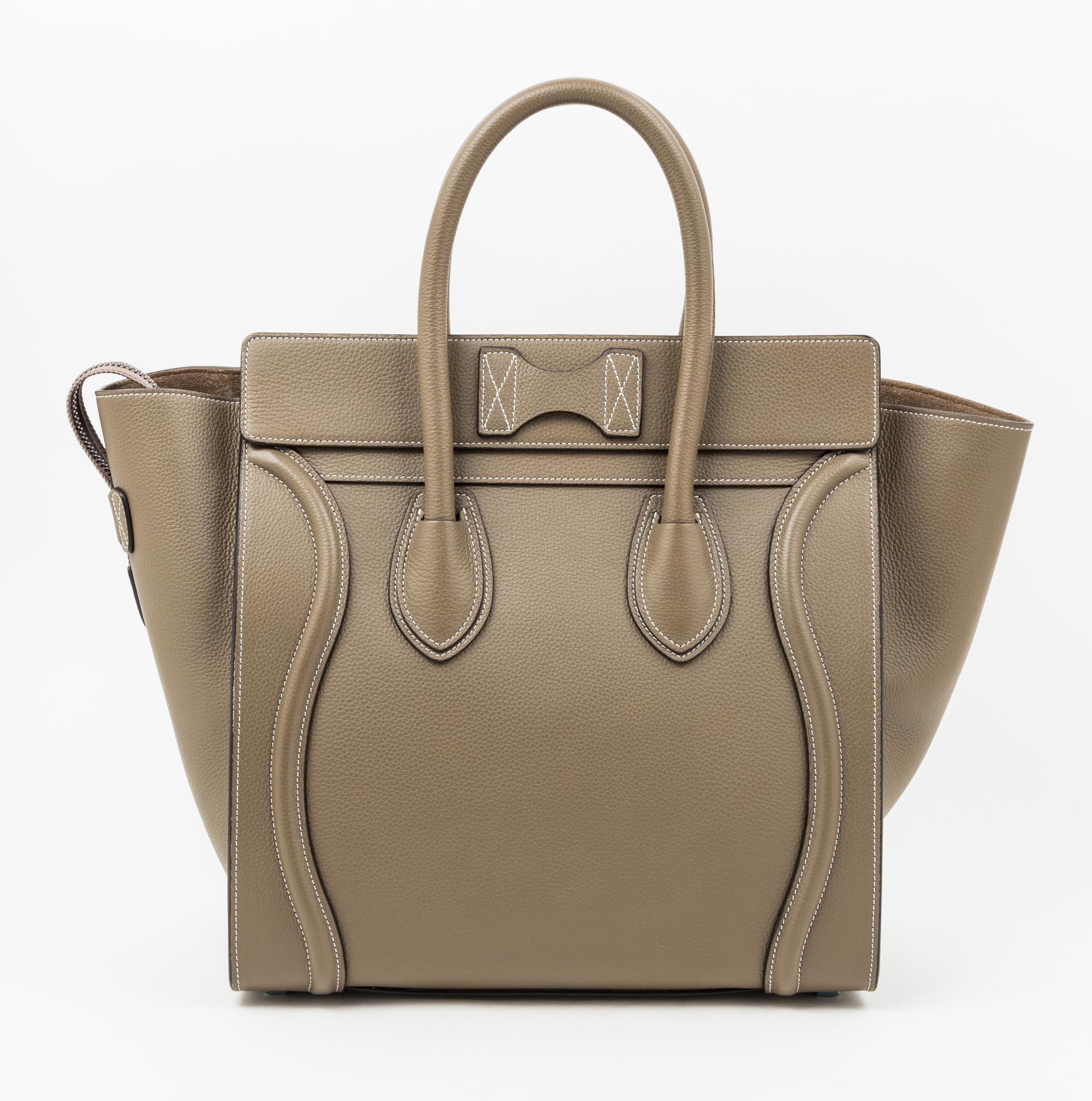A Celine Taupe Leather Micro Luggage Tote, 12" x 12" x 7"; Handle drop: 5".