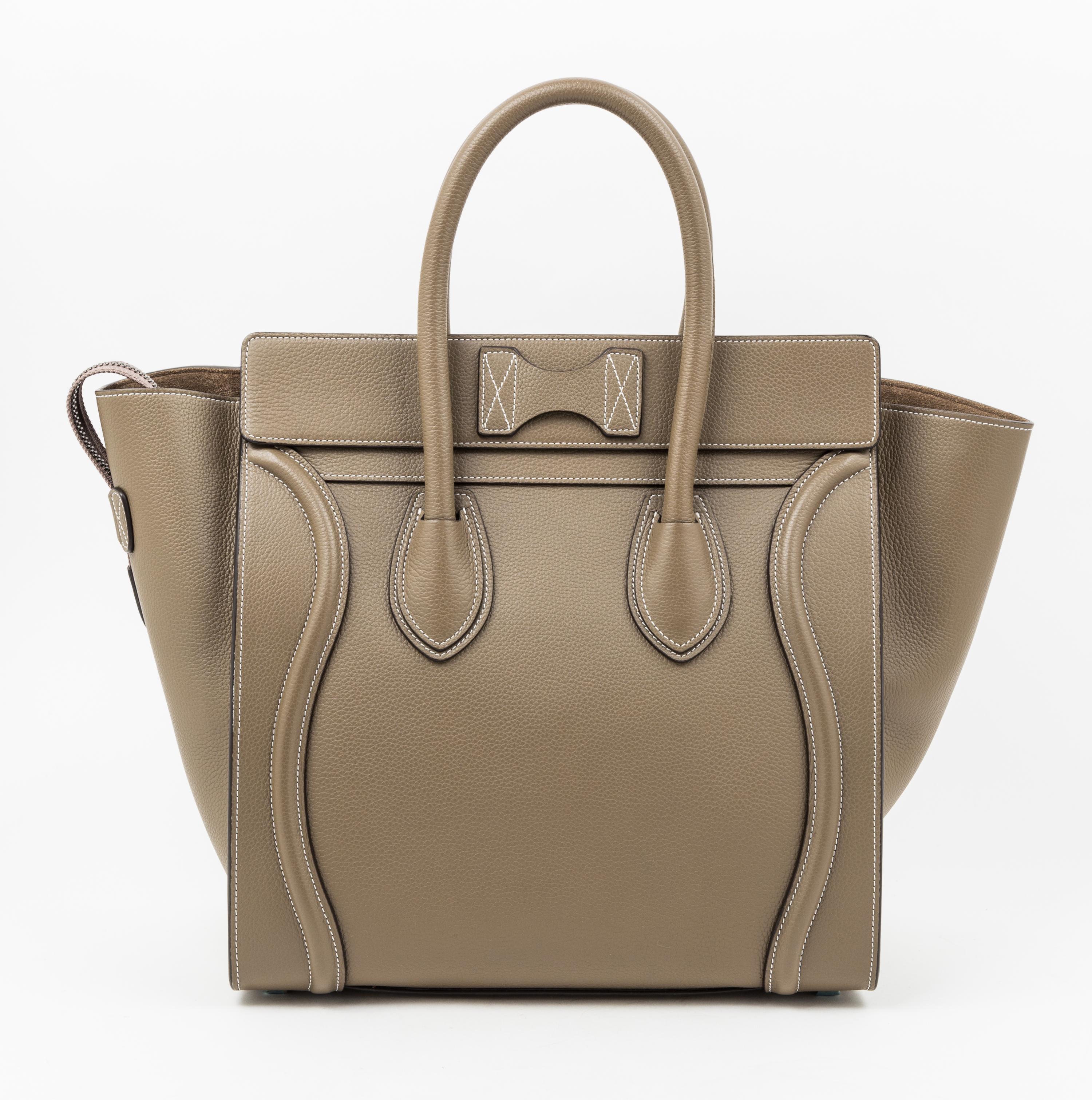 A Celine Taupe Leather Micro Luggage Tote, 12" x 12" x 7"; Handle drop: 5".