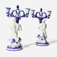 A Pair of Wedgwood Delft-Style Triton Candelabras UK, 1870s