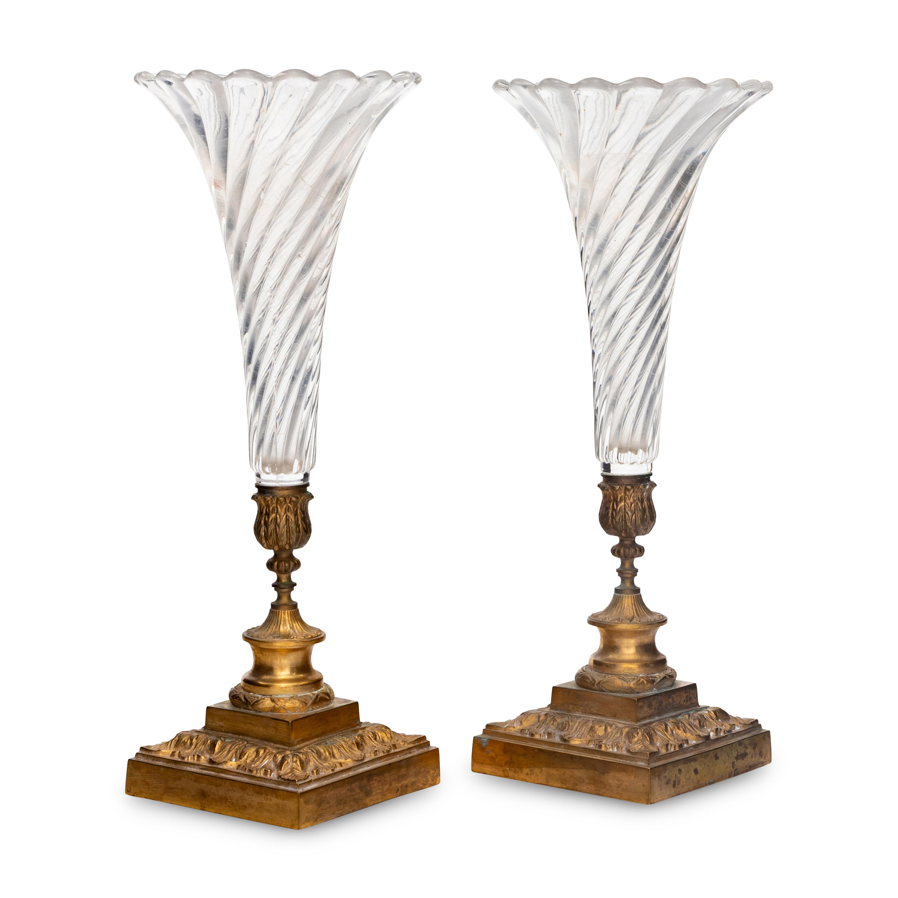 A Pair of French Gilt Bronze and Molded Glass Trumpet Vases