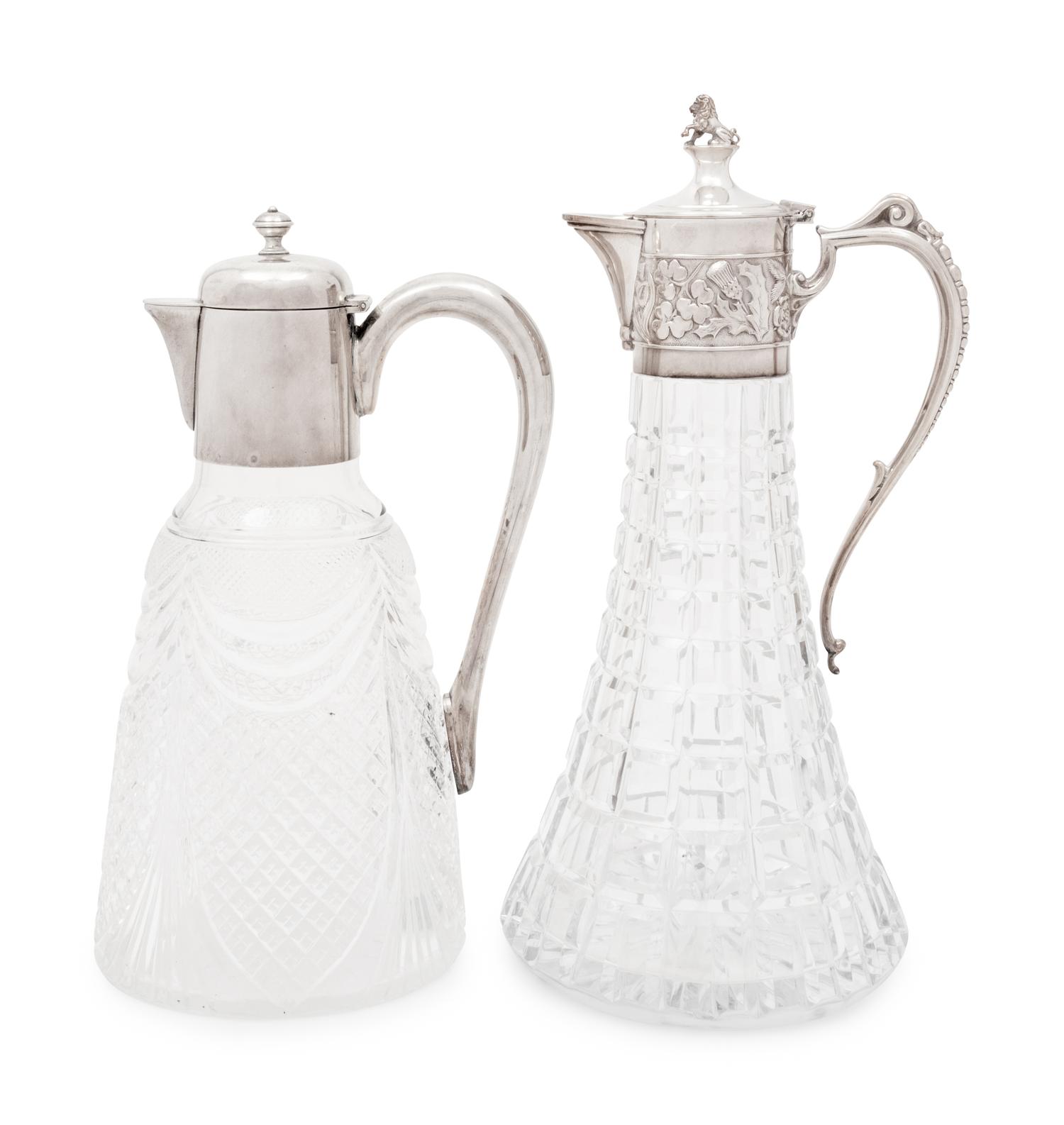 Two English Silver Mounted Cut Glass Claret Jugs