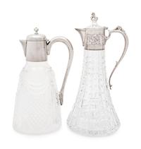 Two English Silver Mounted Cut Glass Claret Jugs