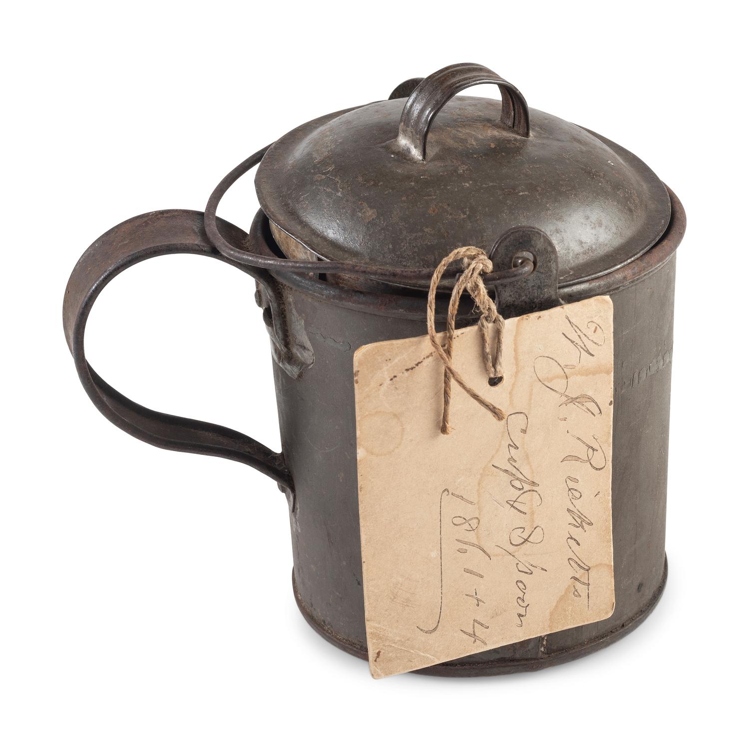 A group of items identified to Corporal William J. Ricketts, Company D, 21st Massachusetts Infantry, WIA Fredericksburg and Bethesda Church, VA, incl. bullet-struck haversack, utensils, and mucket.