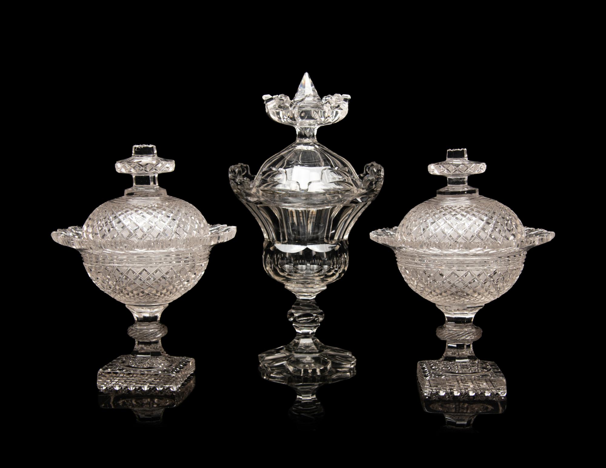 A Pair of English Cut Glass Footed Bowls and Covers