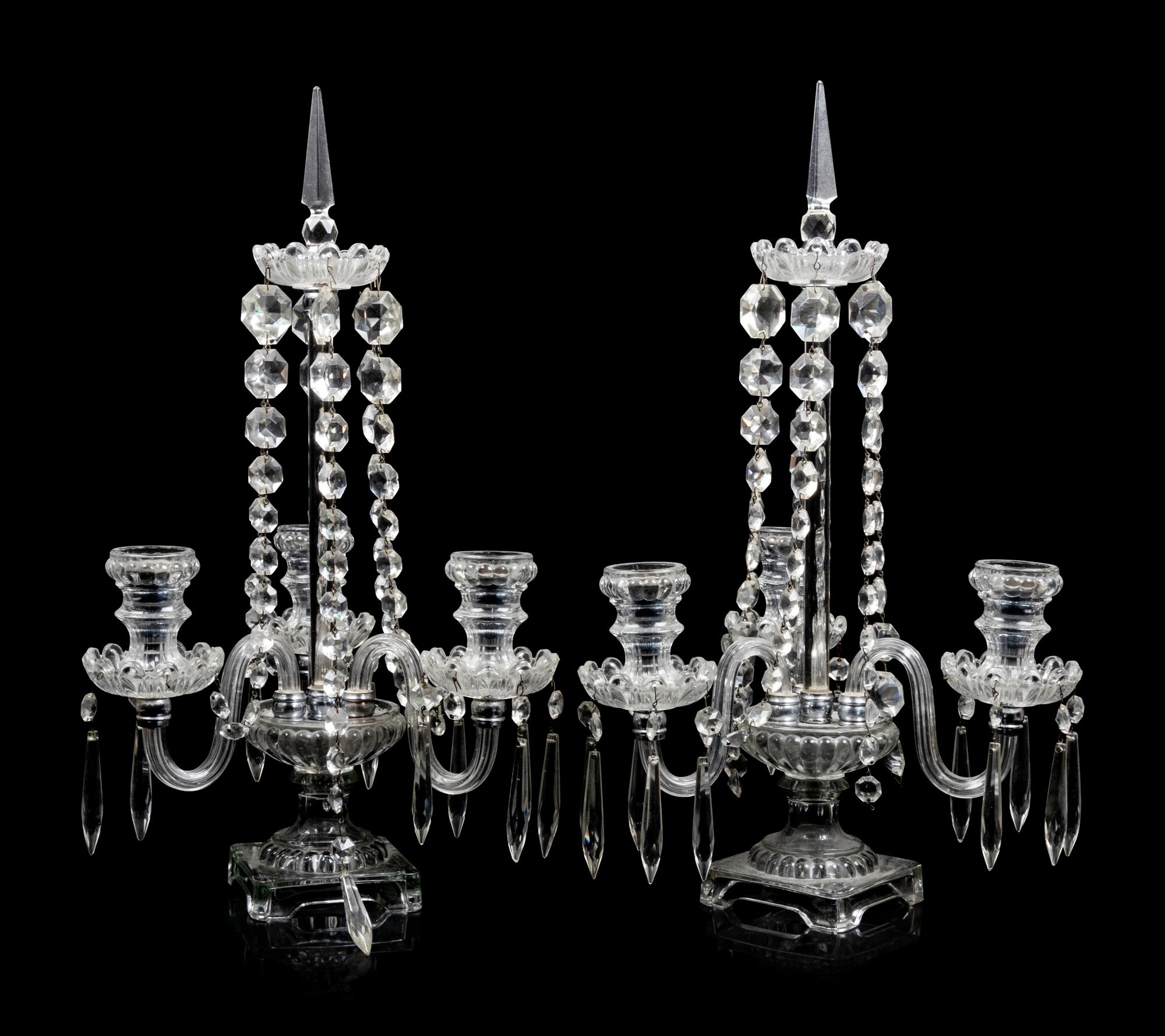A Pair of Victorian Cut Glass Three-Light Candelabra