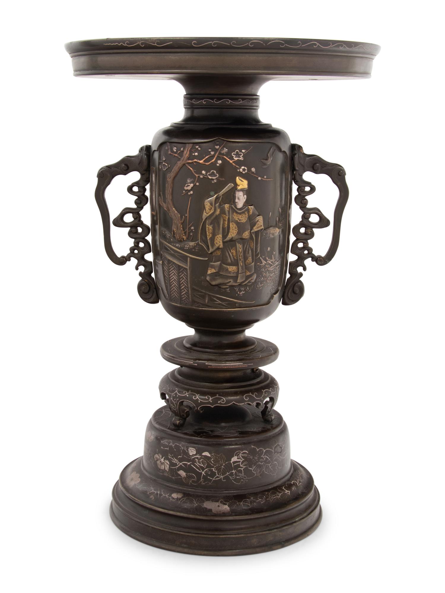 A Japanese Mixed Metals Inlaid Bronze Urn