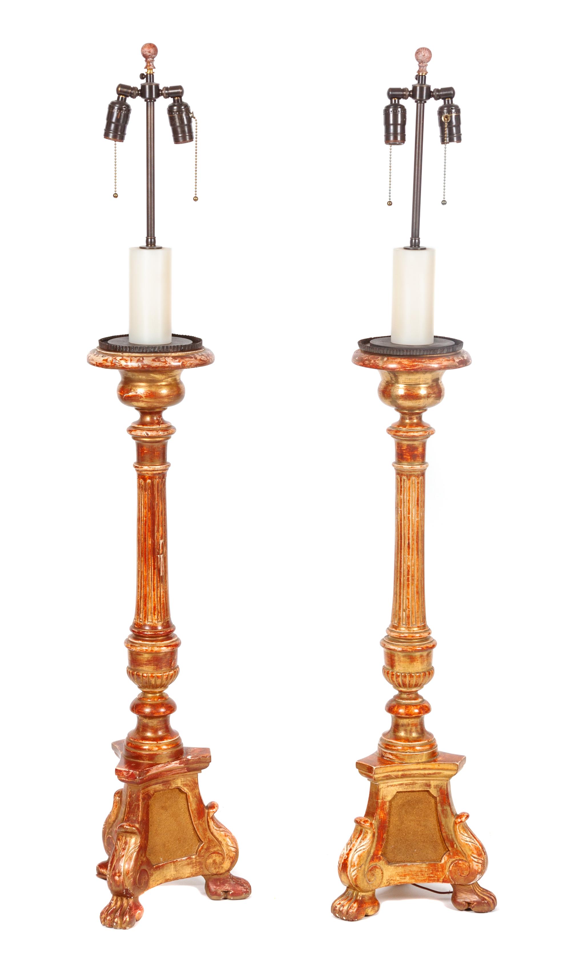 A Pair of Candlestick-form Lamps Height of base 34 inches. — 20TH CENTURY