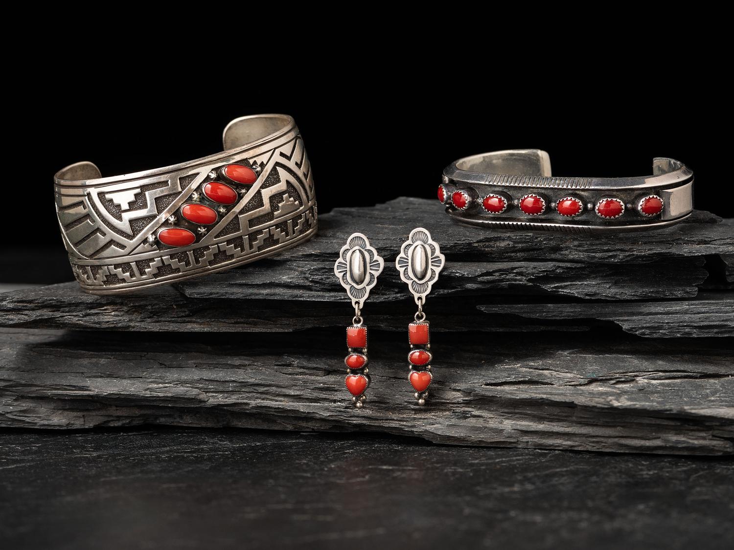 Navajo Sterling Silver and Coral Cuff Bracelets and Post Earrings