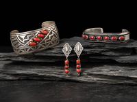 Navajo Sterling Silver and Coral Cuff Bracelets and Post Earrings