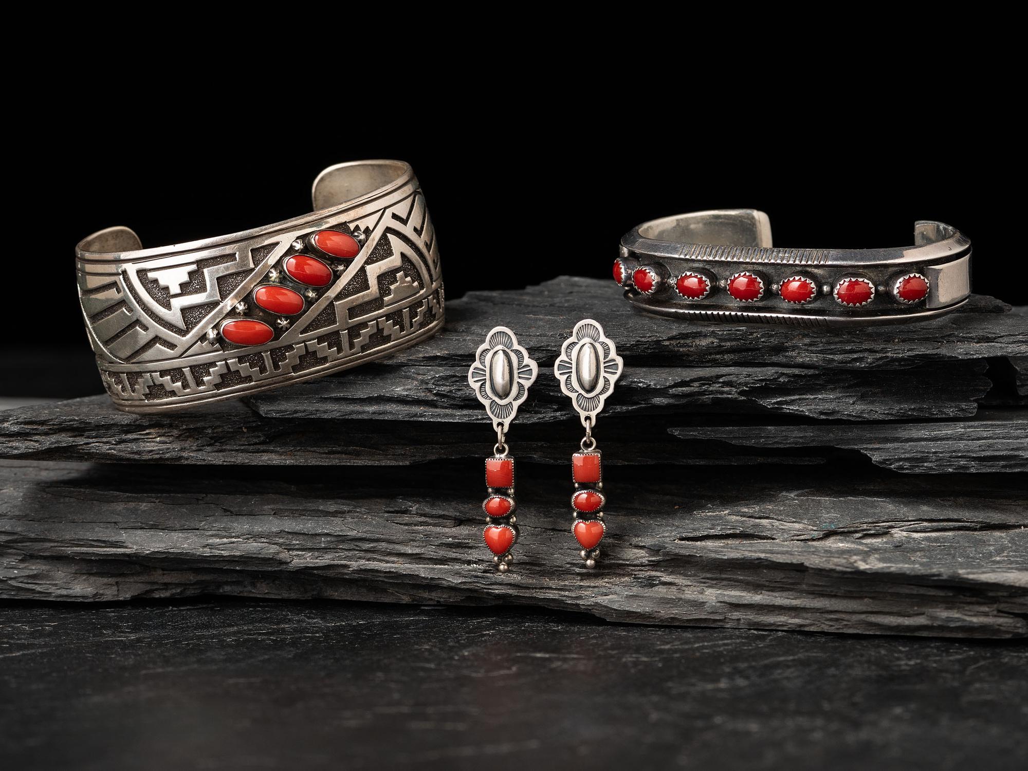 Navajo Sterling Silver and Coral Cuff Bracelets and Post Earrings