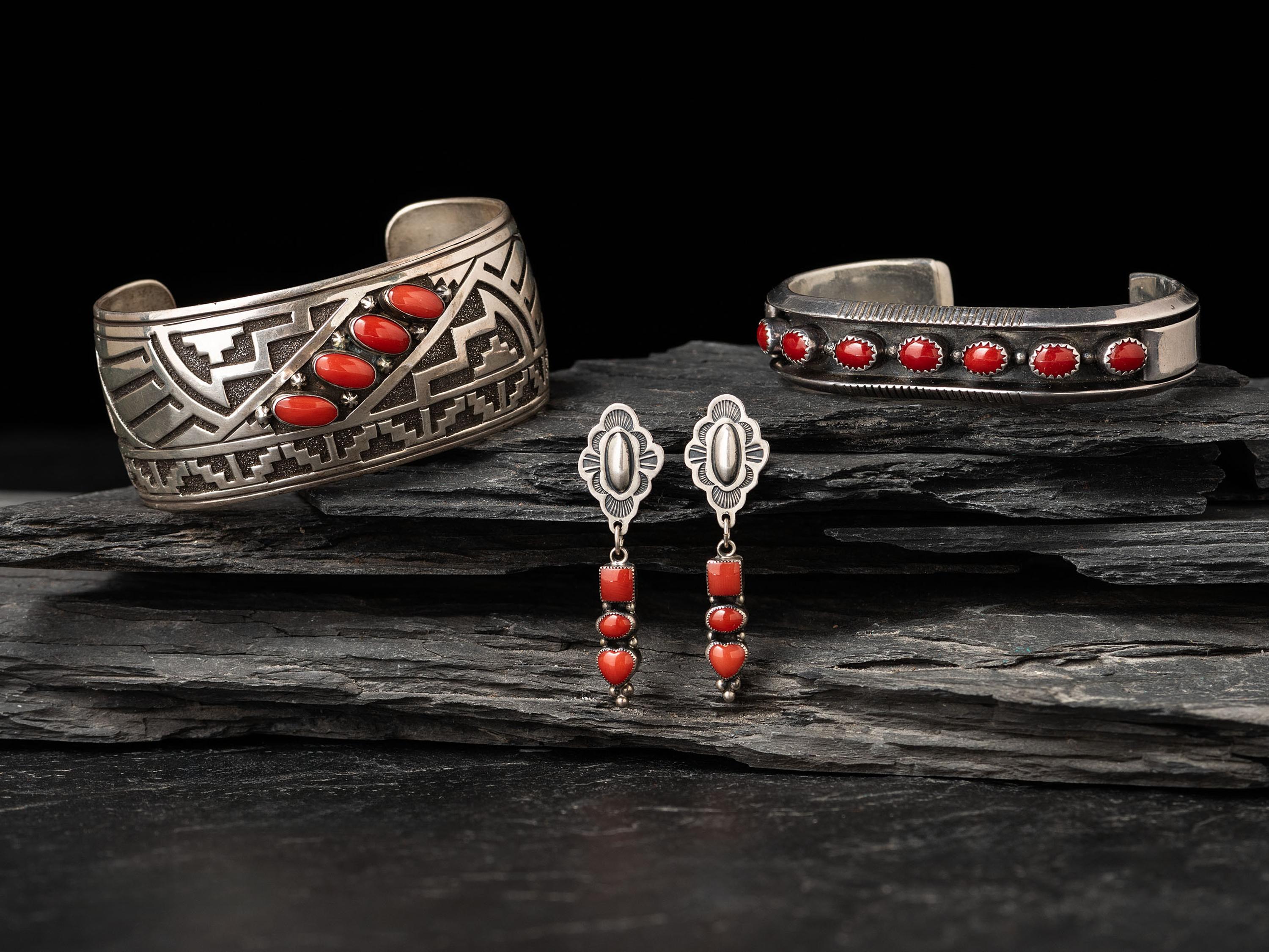 Navajo Sterling Silver and Coral Cuff Bracelets and Post Earrings