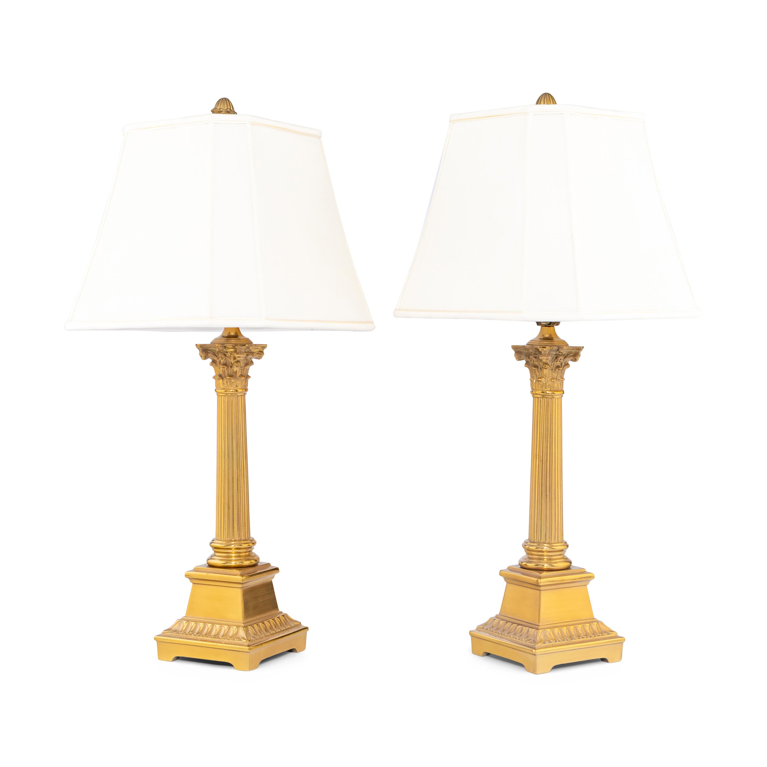 A Pair of Gilt Metal Corinthian Columnar Table Lamps