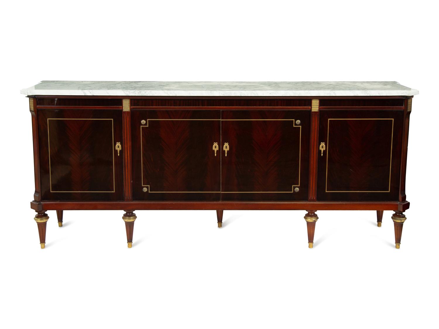 A Louis XVI Style Mahogany Marble-Top Console Cabinet