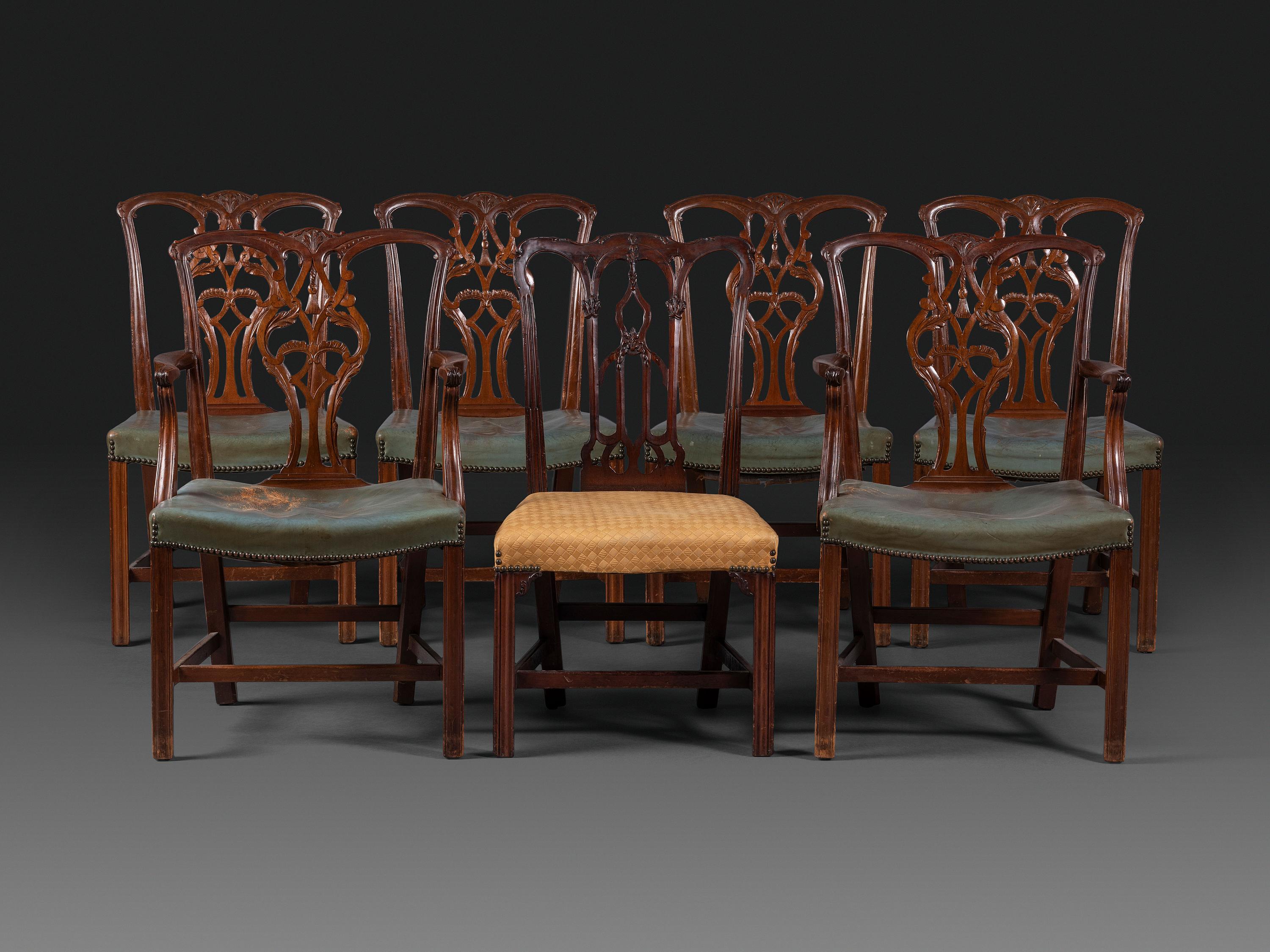 A Set of Six Chippendale Style Carved Mahogany Dining Chairs