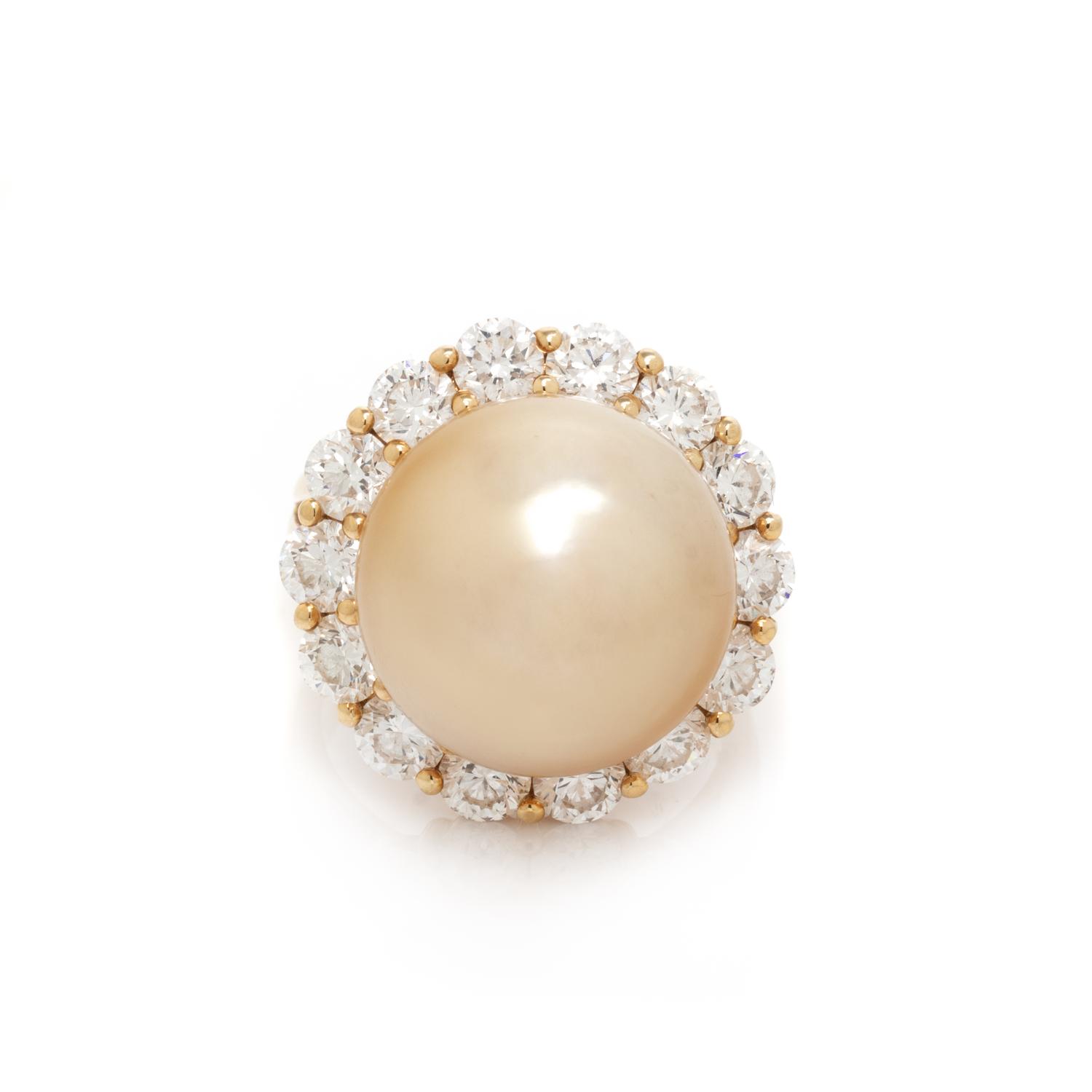 HUBERT, GOLDEN CULTURED PEARL AND DIAMOND RING