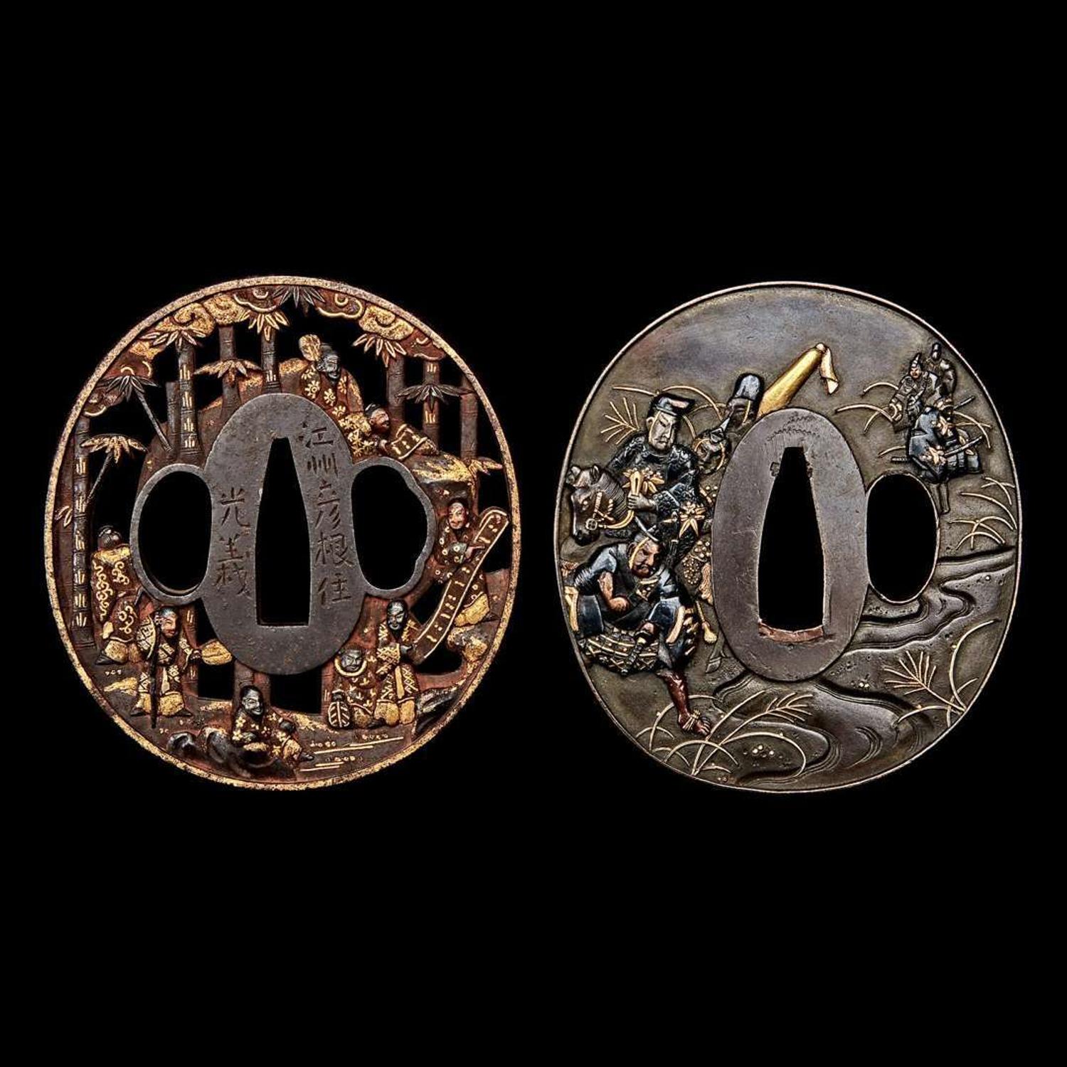 A Japanese gold-inlaid iron tsuba and a mixed-metal tsuba 日本嵌金刀镡以及混合金属刀镡各一件 Edo-early Meiji period ???????