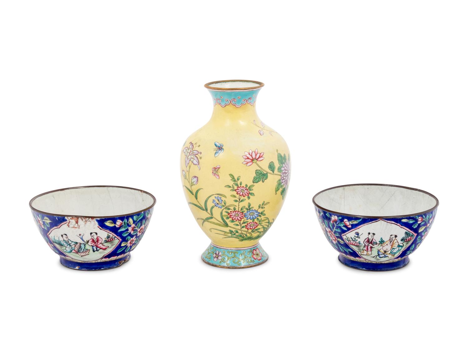 Three Chinese Canton Enamel on Copper Articles