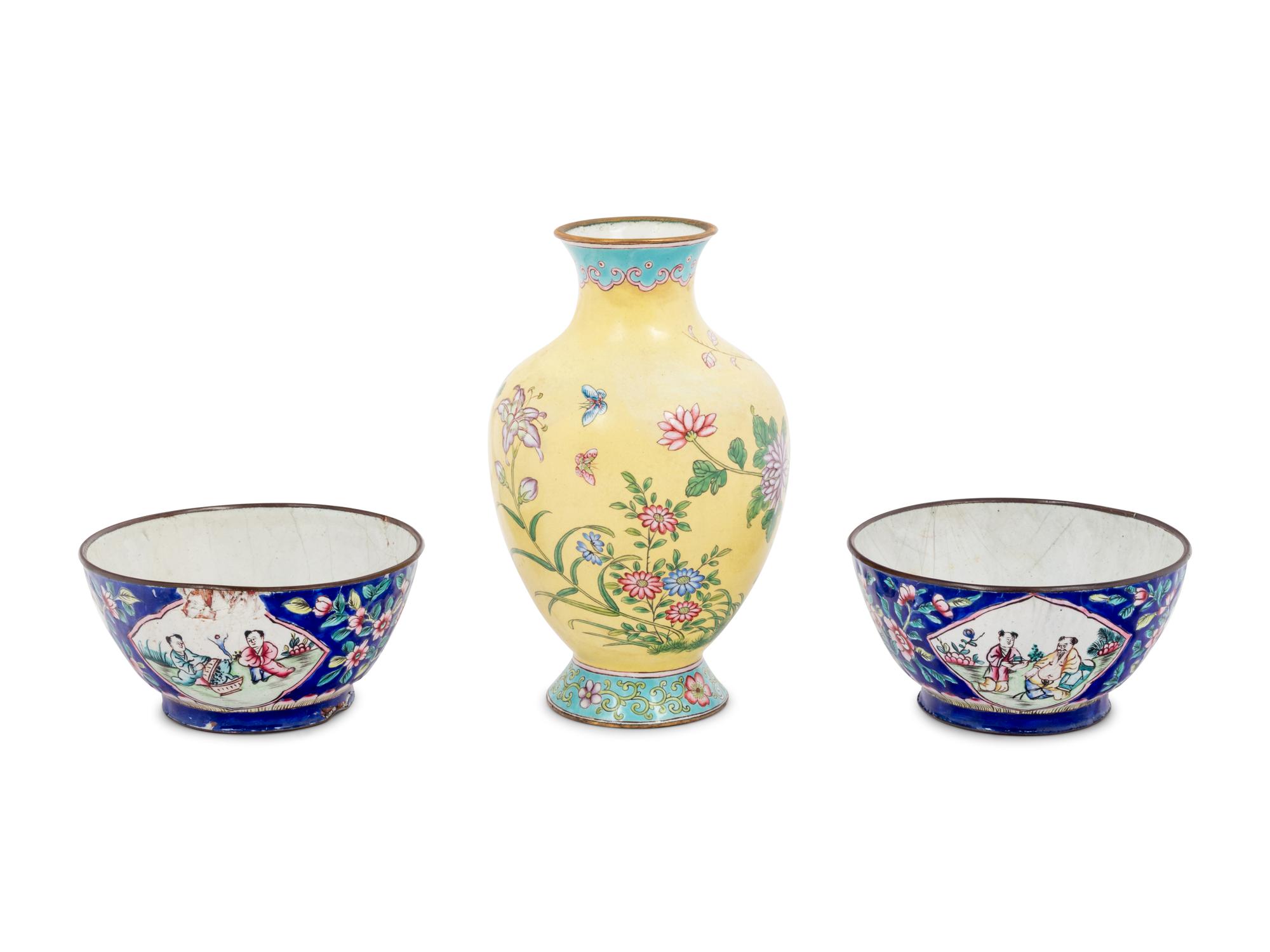 Three Chinese Canton Enamel on Copper Articles