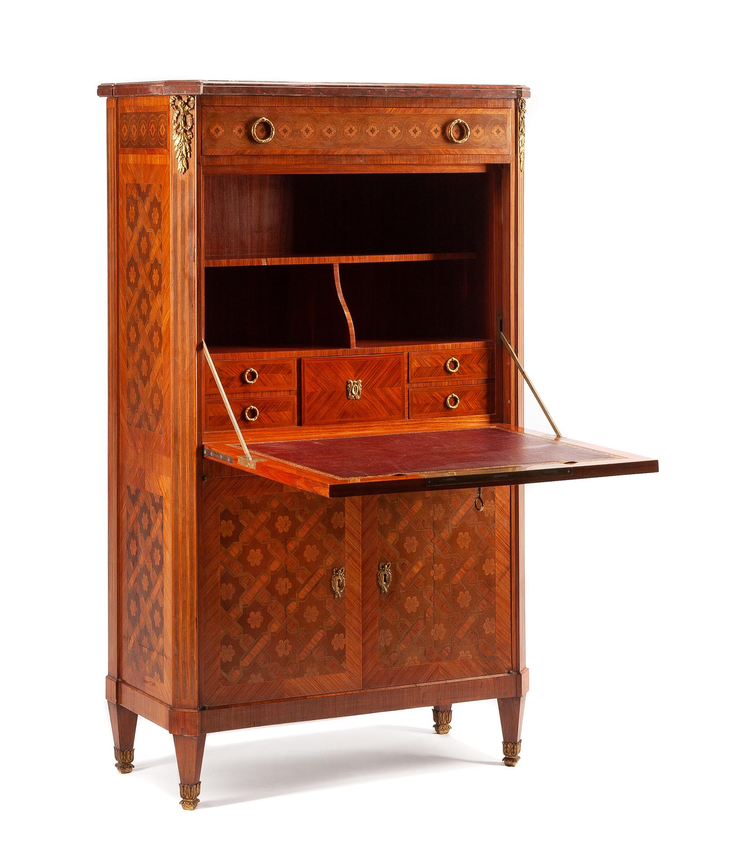 A Louis XVI Style Gilt Bronze Mounted Marquetry Secretaire a Abattant Height 60 x width 35 1/2 x depth 17 inches. — CHARLES BERNEL, PARIS, 19TH CENTURY