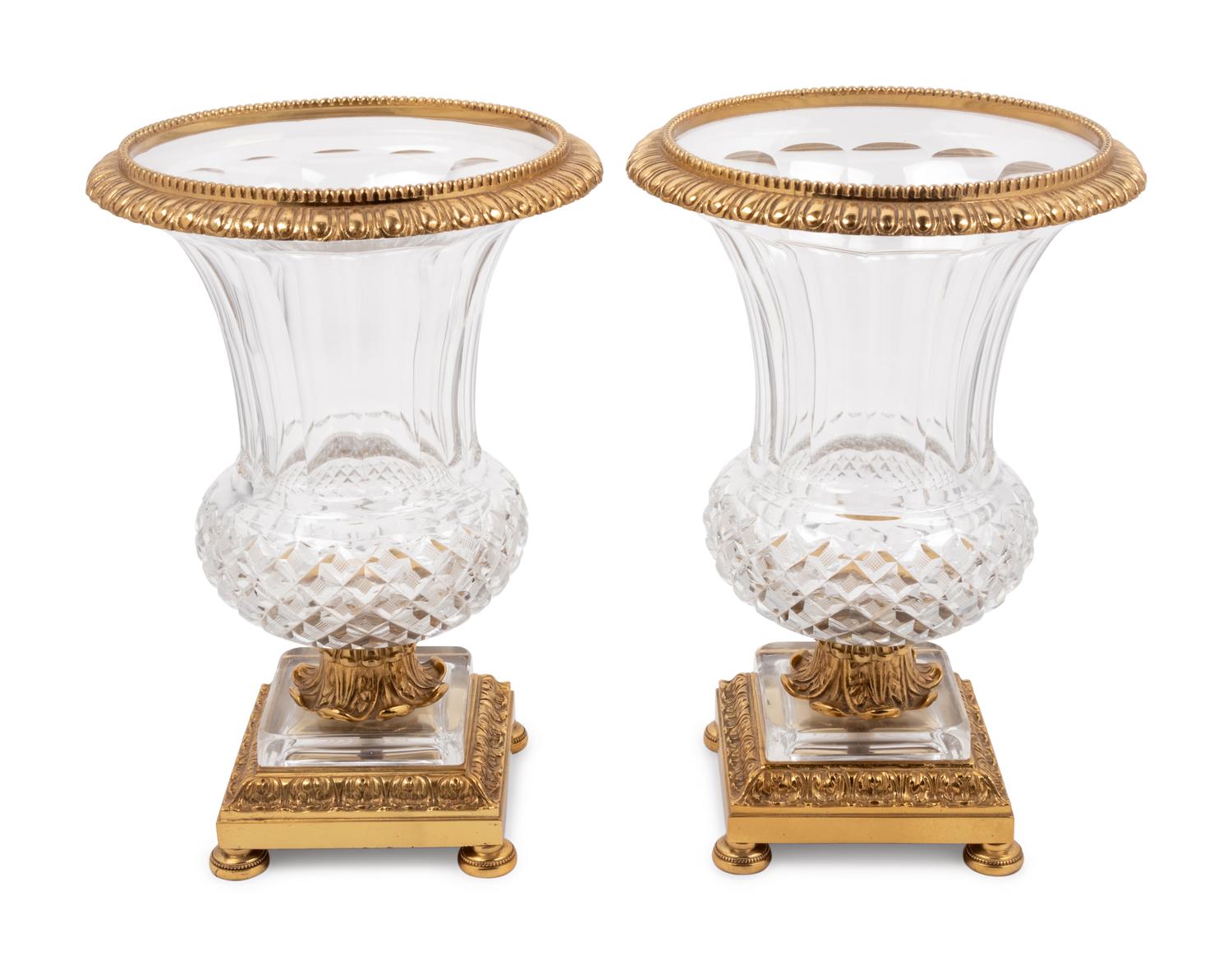 A Pair of Continental Gilt Bronze Mounted Cut Glass Vases