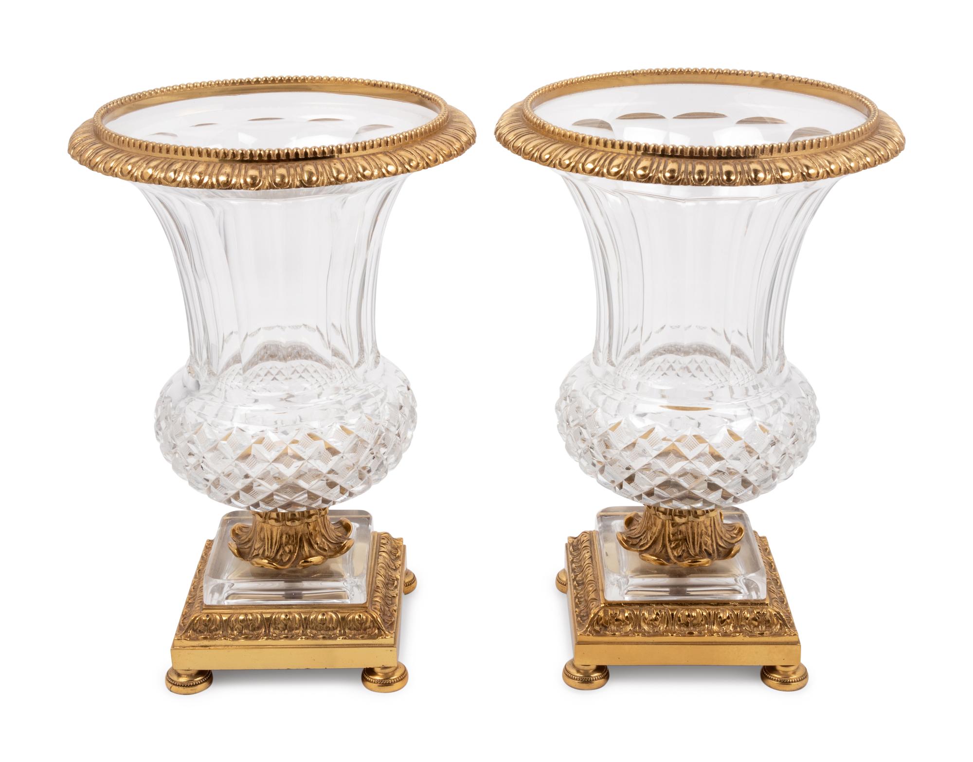 A Pair of Continental Gilt Bronze Mounted Cut Glass Vases