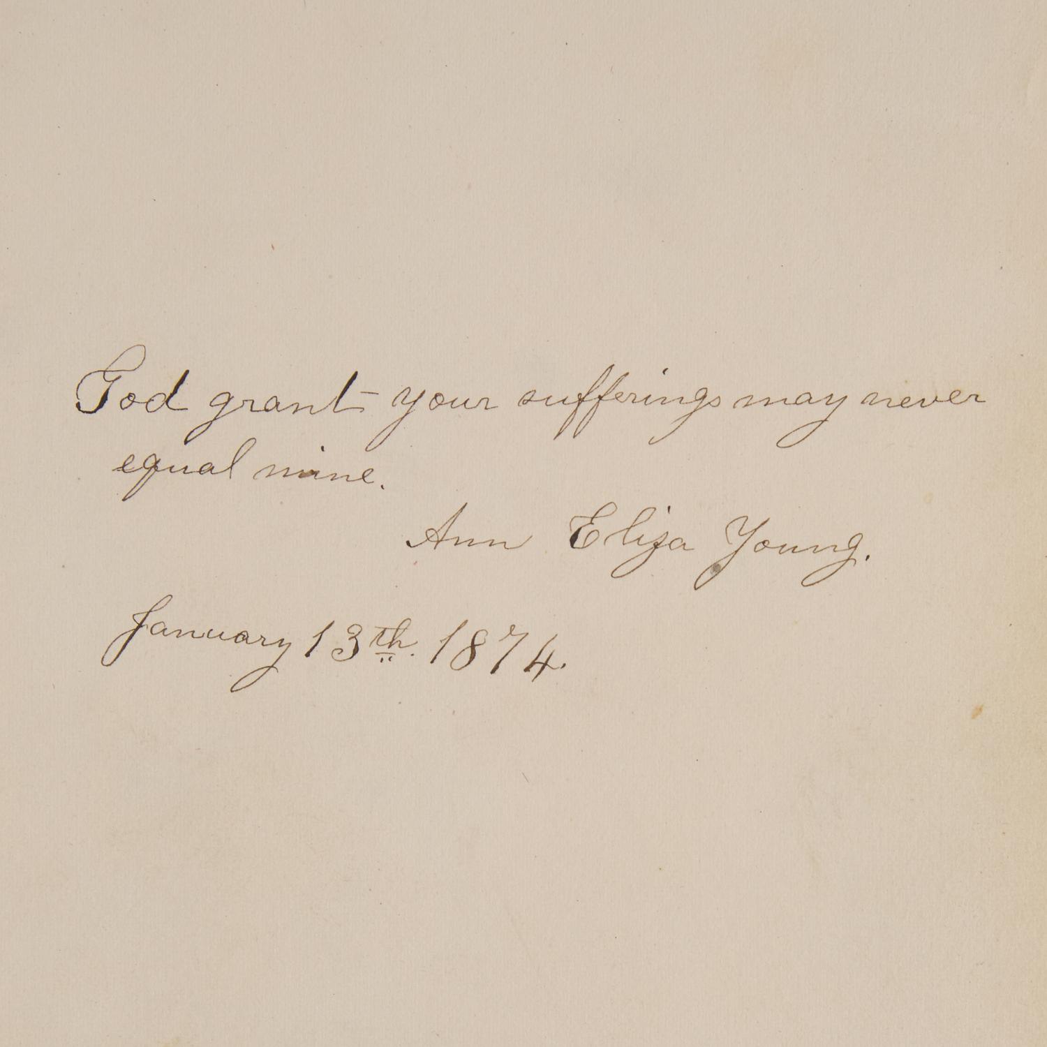 [Mormonism] Signed A utograph Quote from Ann Eliza Young, Nineteenth Wife of Mormon Leader Brigham Young, Signed During her Divorce Proceedings Against him, 1874