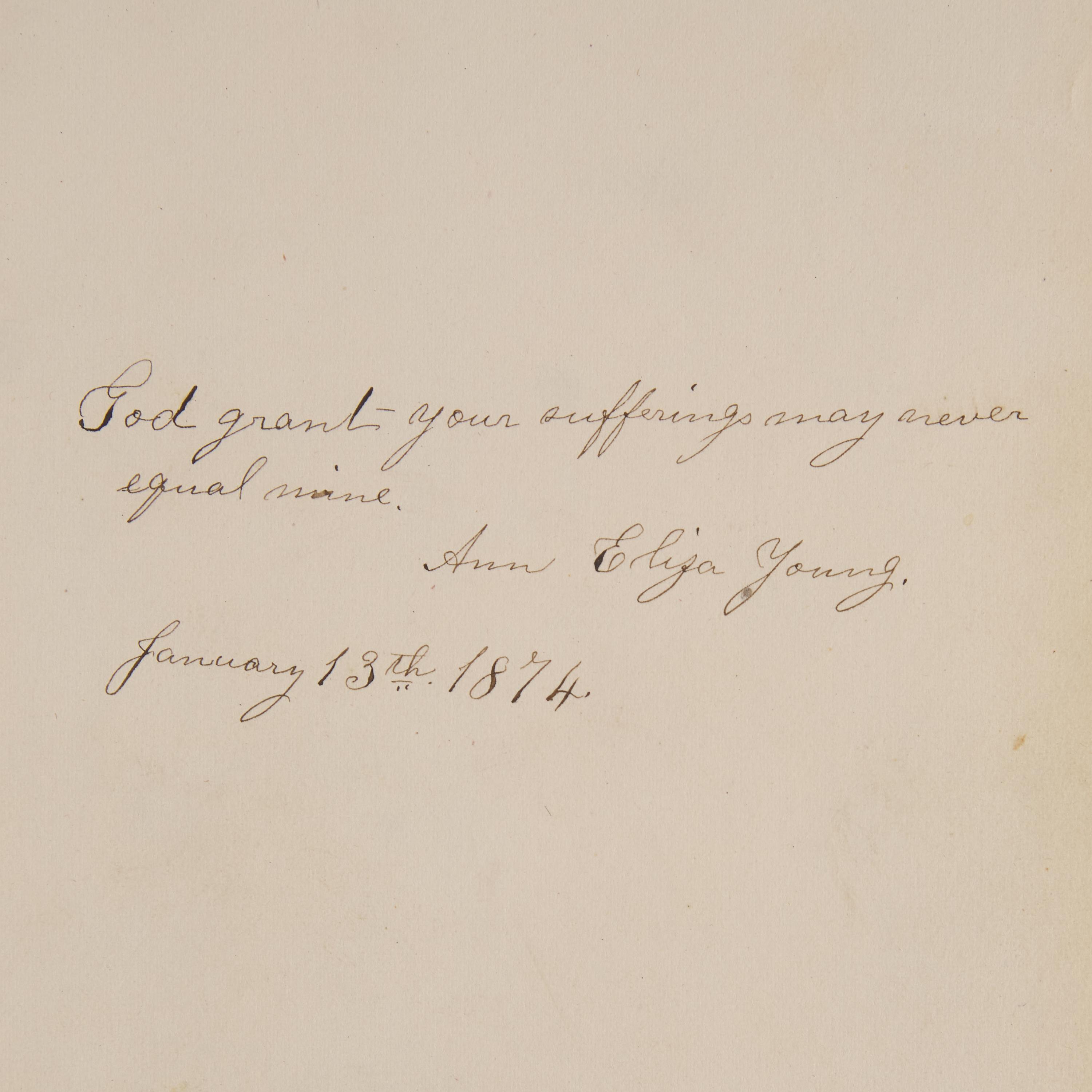 *[Mormonism] Signed Autograph Quote from Ann Eliza Young, Nineteenth Wife of Mormon Leader Brigham Young, Signed During her Divorce Proceedings Against him, 1874