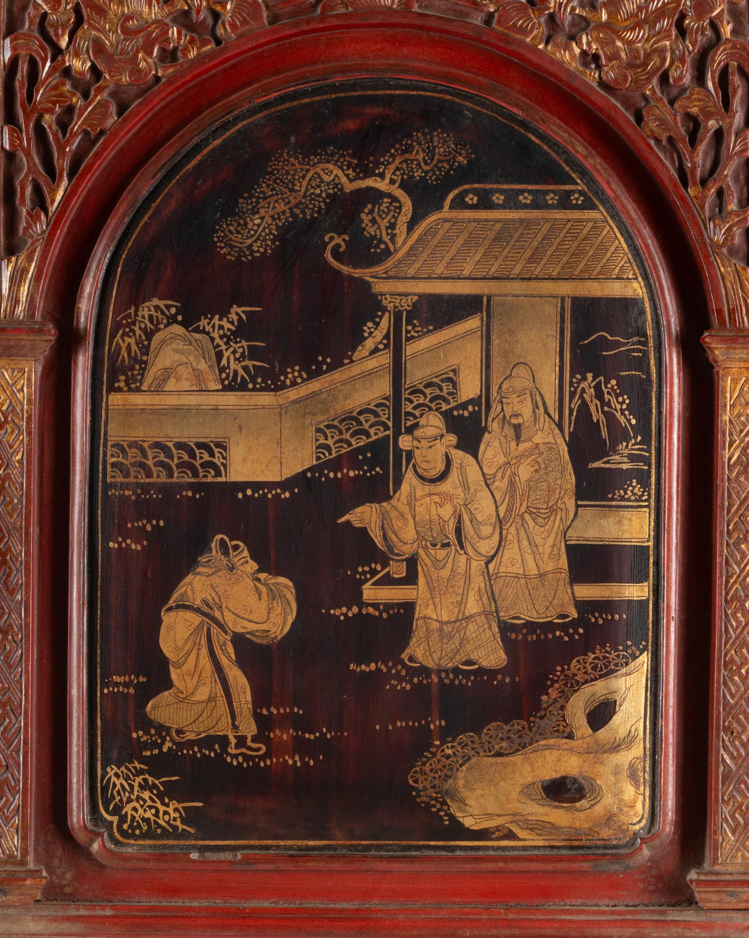 A Chinese Red Lacquer and Parcel Gilt Two-Part Cabinet