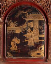 A Chinese Red Lacquer and Parcel Gilt Two-Part Cabinet
