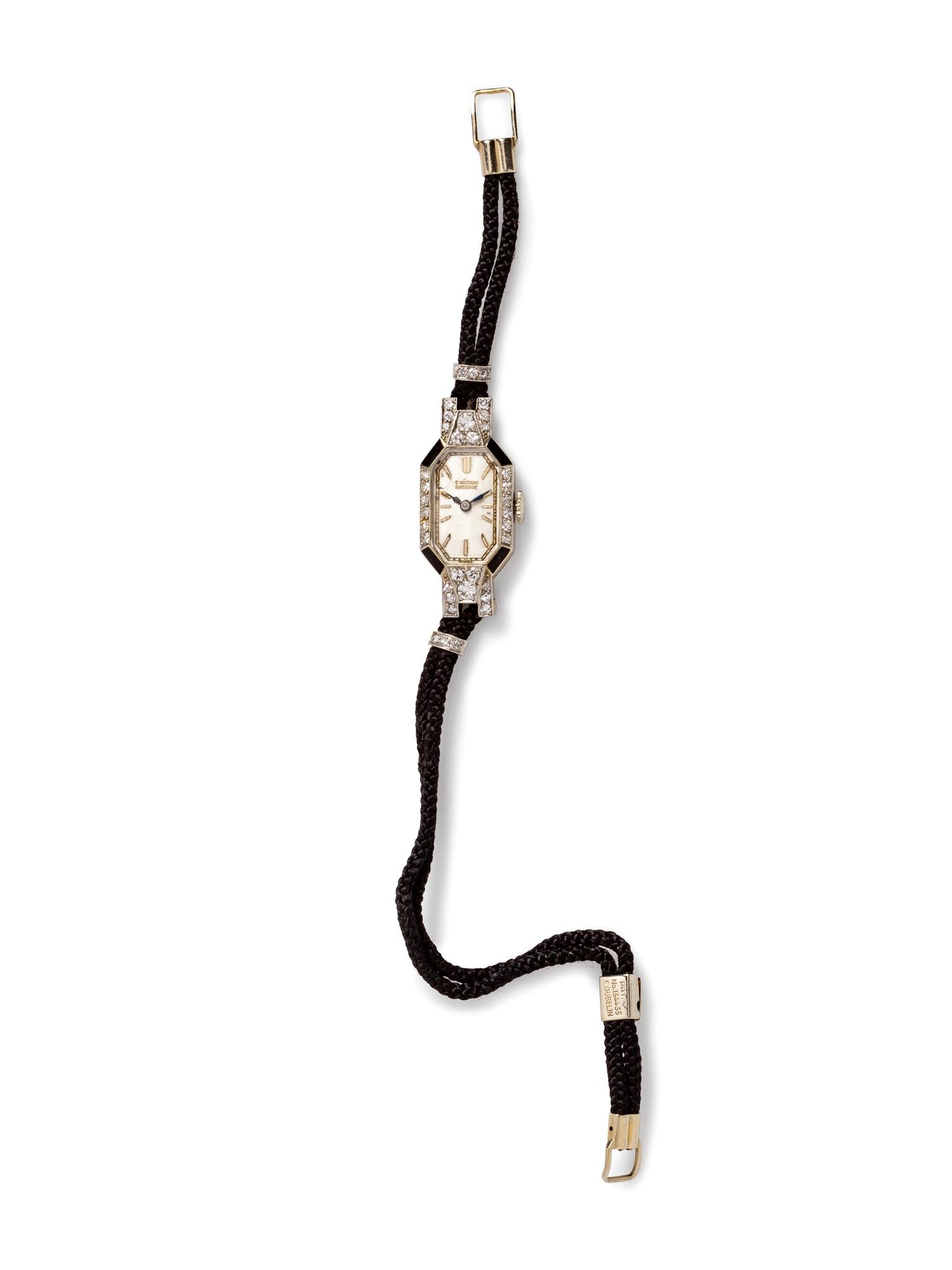 An Art Deco 18 Karat White Gold, Diamond and Enamel Wristwatch, E. Gubelin,