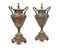 A Pair of Renaissance Revival Gilt and Patinated Bronze and Marble Urns