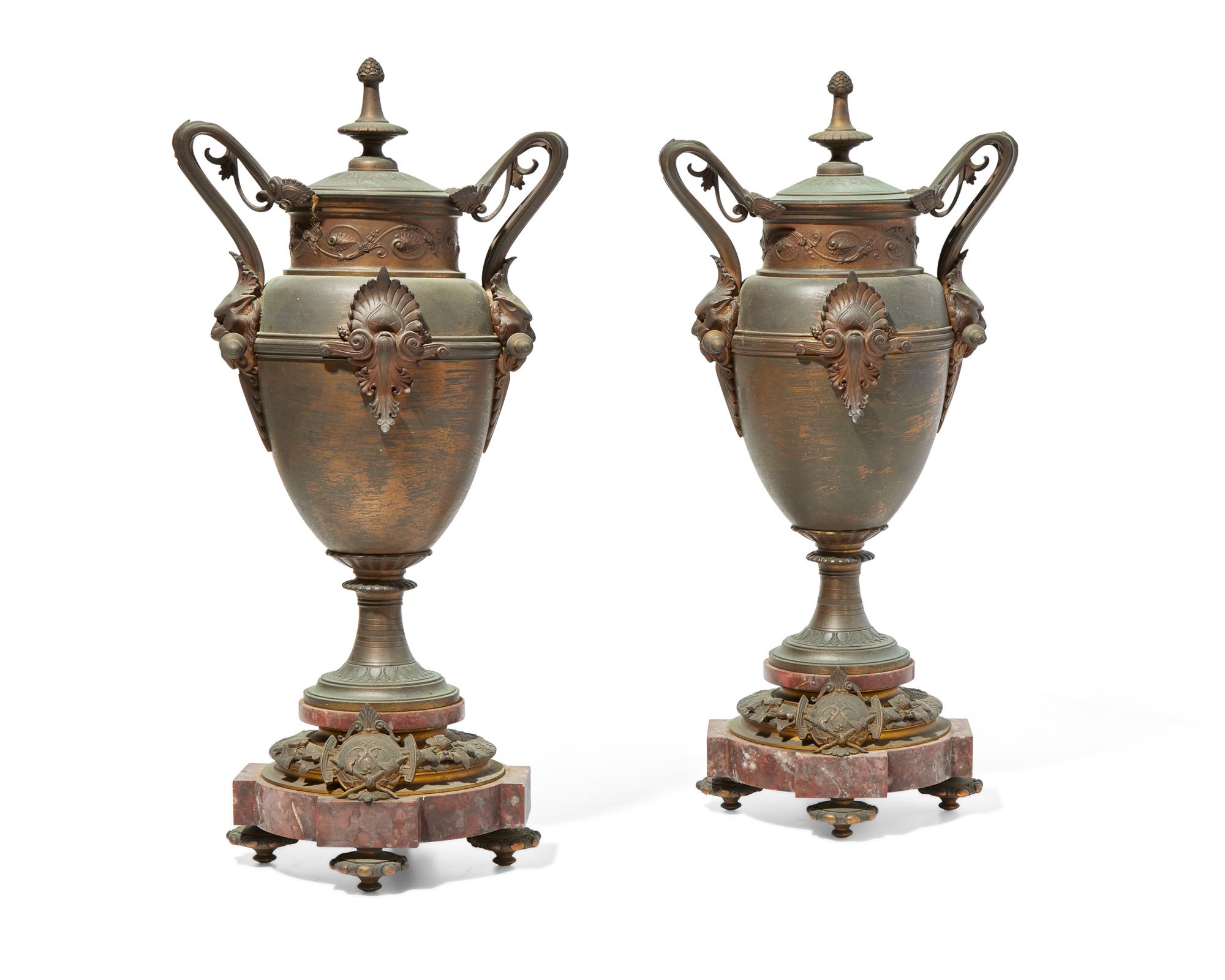 A Pair of Renaissance Revival Gilt and Patinated Bronze and Marble Urns