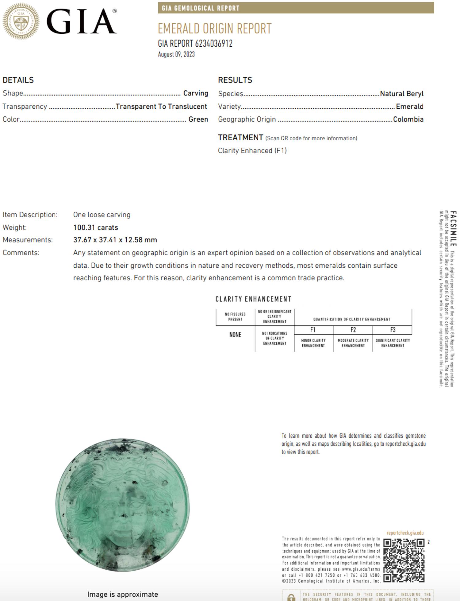 100.31 CARAT CARVED EMERALD CAMEO