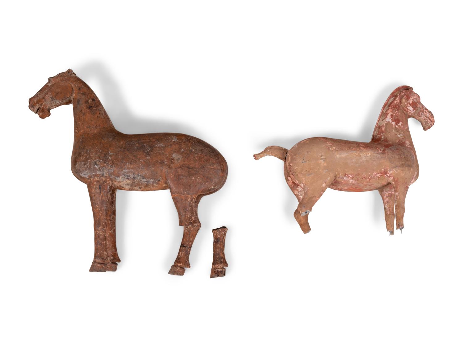 Two Chinese Terra Cotta Horses with Polychrome Remnants