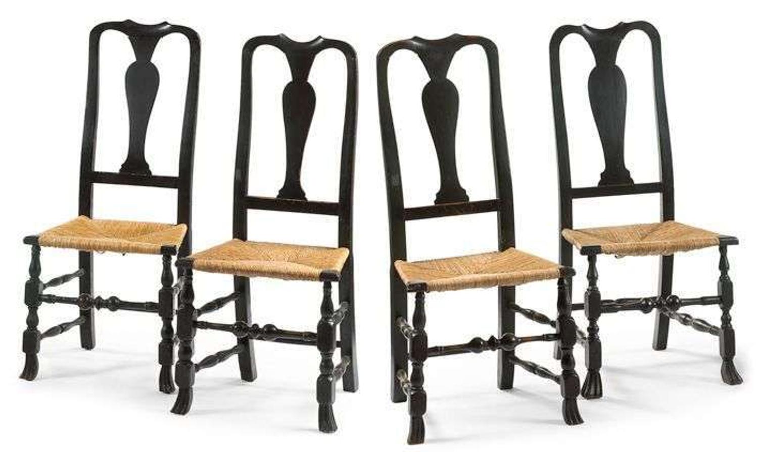 Four black-painted Queen Anne side chairs first half 18th century