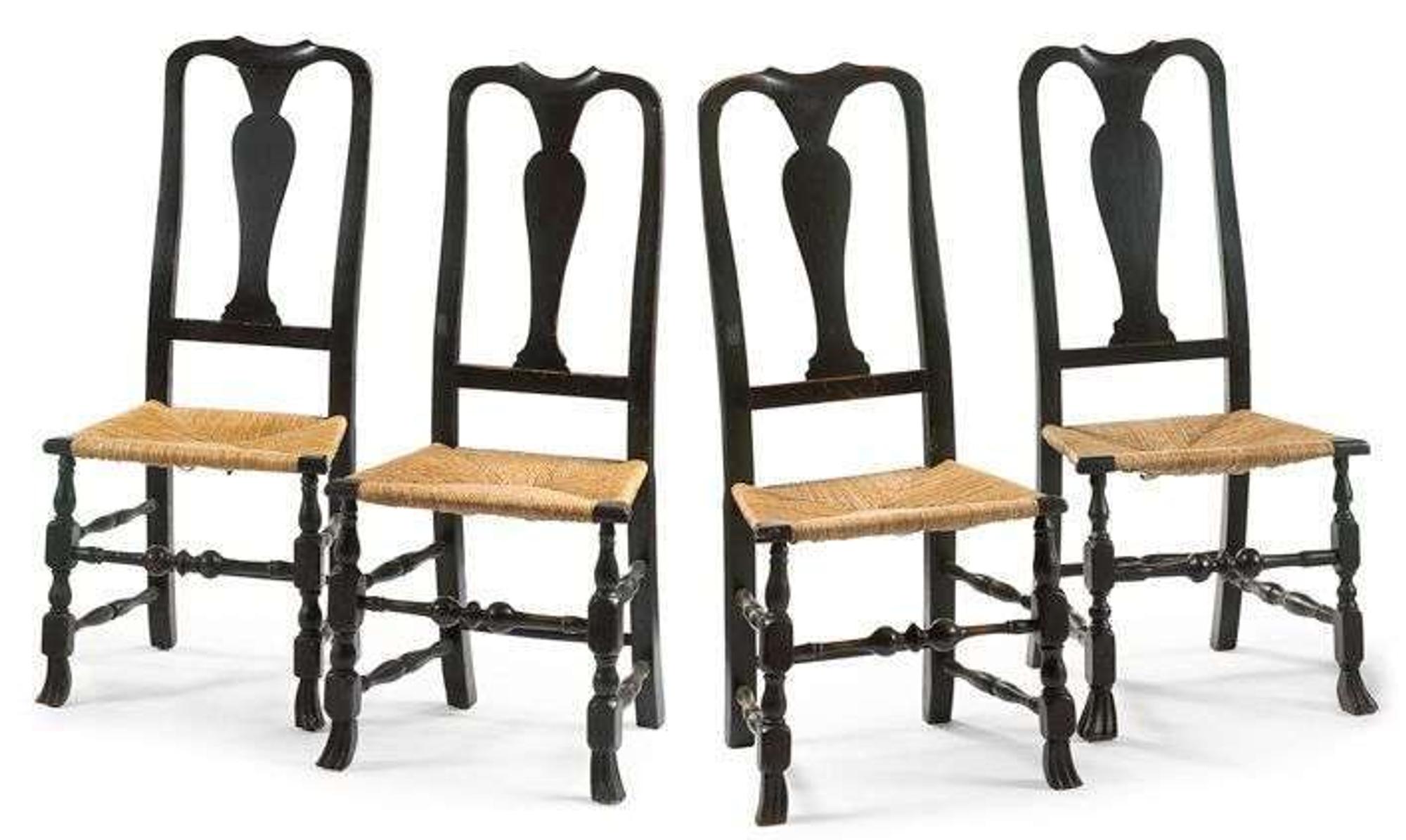 Four black-painted Queen Anne side chairs first half 18th century