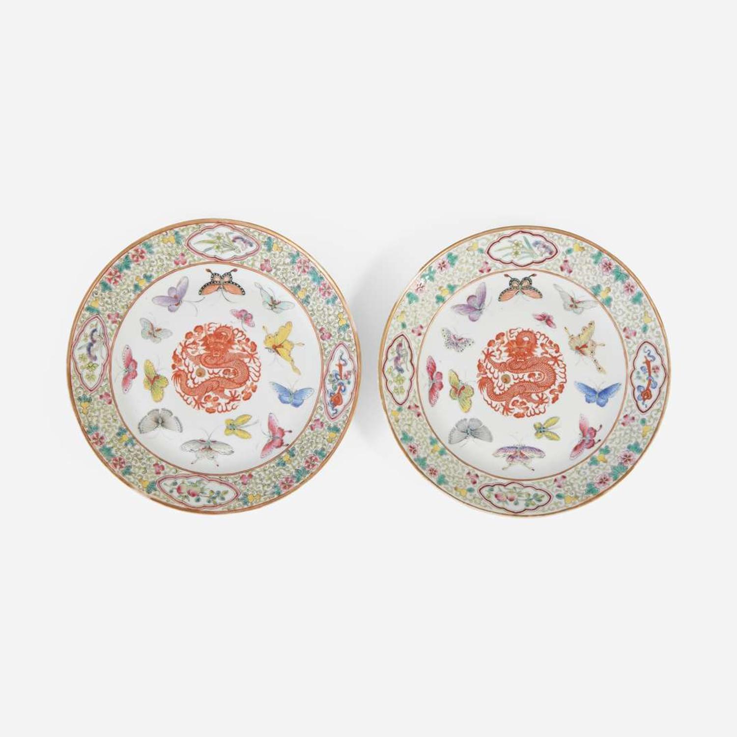 A pair of Chinese “Dragon and Butterfly" dishes 粉彩蝴蝶團龍盤一對 Guangxu marks and of the period ??? ? ??