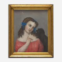 American School 19th century Two works: Portrait of a Young Girl and Dog and Landscape with Bridge and Mountain