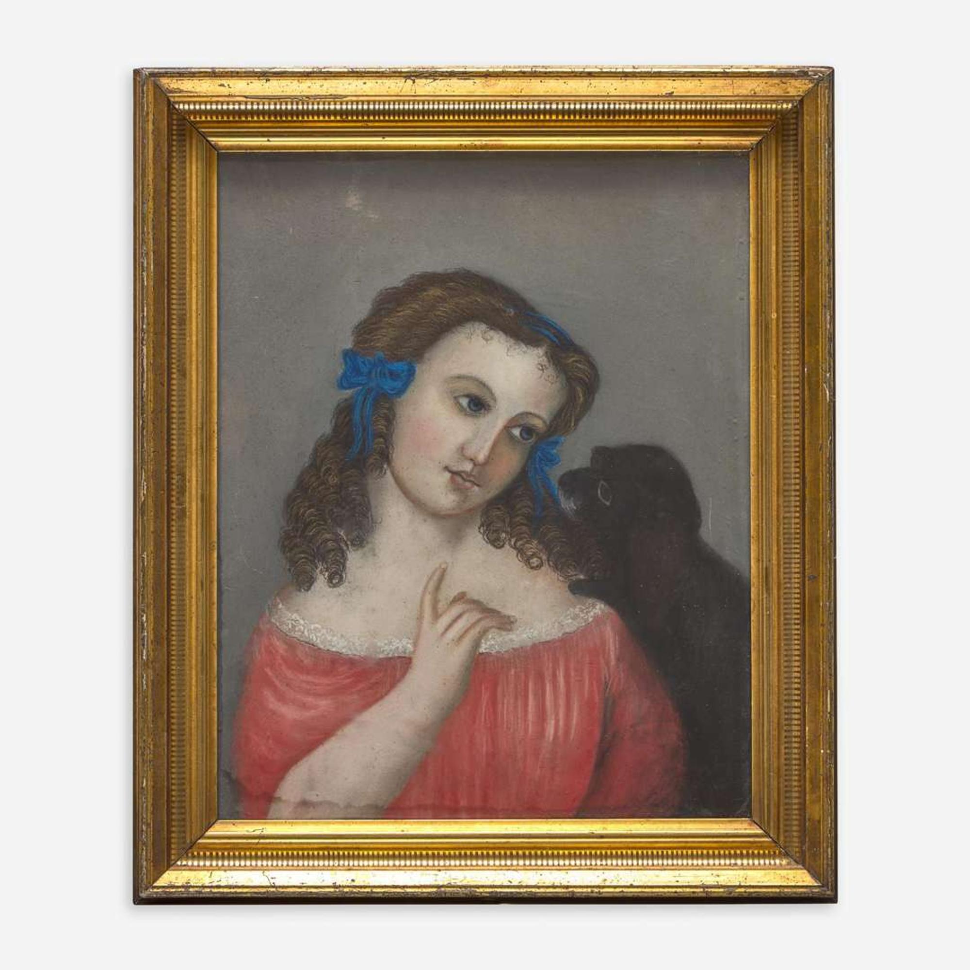 American School 19th century Two works: Portrait of a Young Girl and Dog and Landscape with Bridge and Mountain