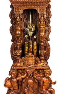 A Monumental English Carved Oak Tall Case Clock, LAST QUARTER 19TH CENTURY, Height 130 1/2 x width 48 x depth 33 inches. — LAST QUARTER 19TH CENTURY,