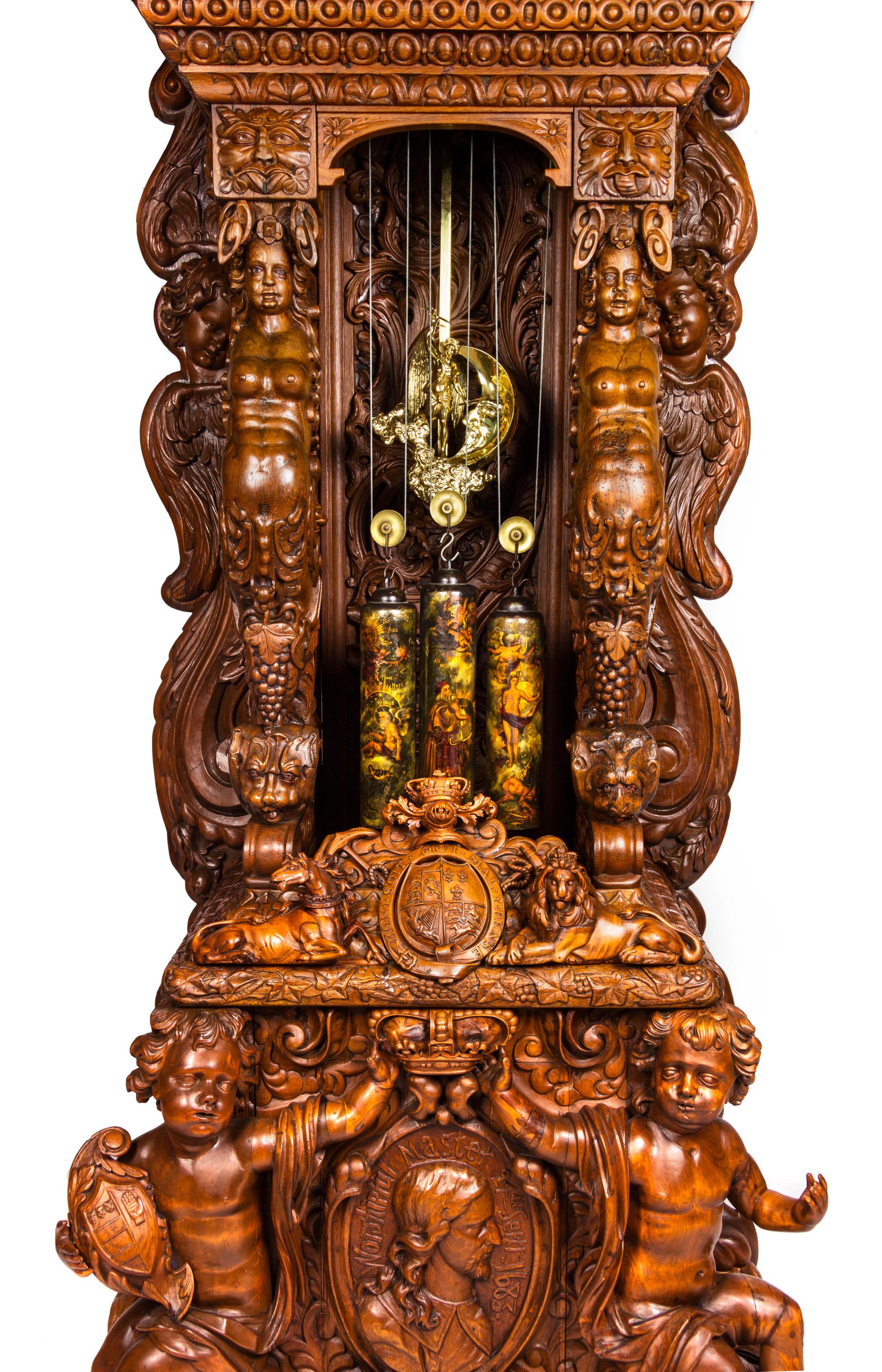 A Monumental English Carved Oak Tall Case Clock, LAST QUARTER 19TH CENTURY, Height 130 1/2 x width 48 x depth 33 inches. — LAST QUARTER 19TH CENTURY,